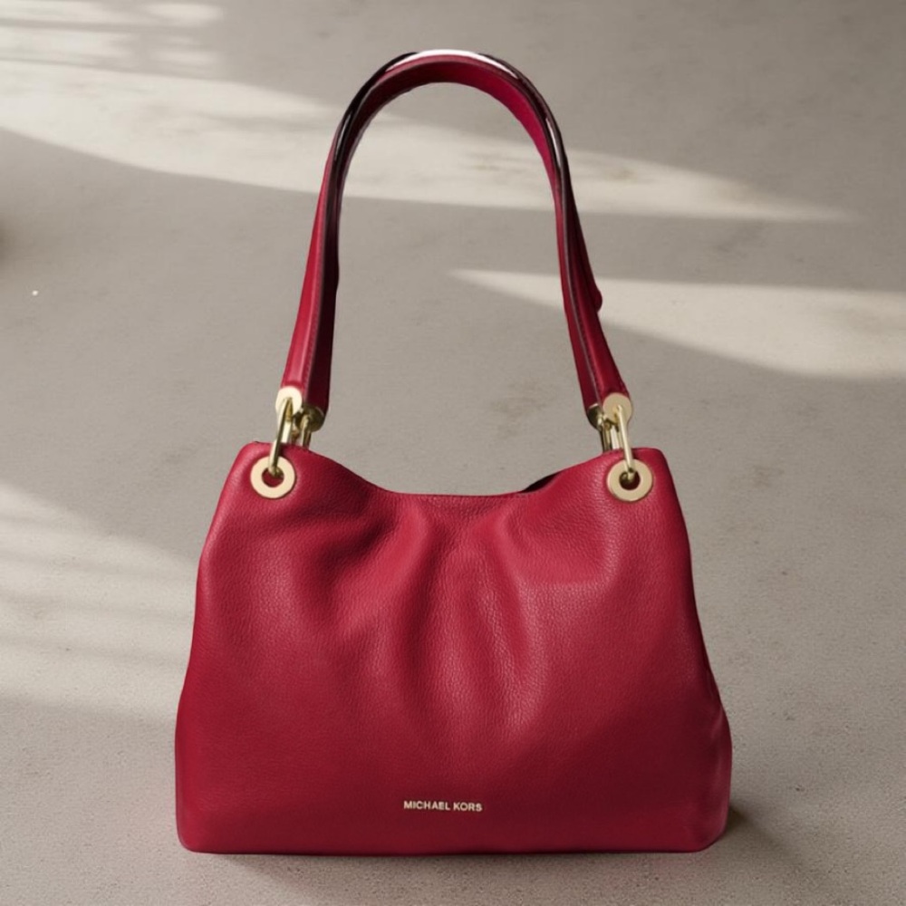 Michael Kors Raven Shoulder Tote Bag Red Pebbled Leather Gold Hardware NWOT - Picture 3 of 11